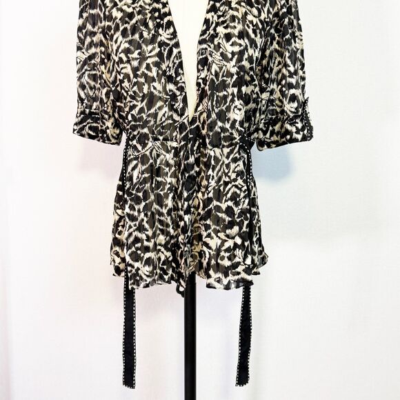 BCBG Max Azria | 100% Silk Blouse | Tie Waist Peplum | Black gray cream | Sz S - Picture 4 of 10